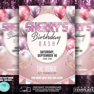 May include: Pink and white birthday party invitation with balloons and confetti. The invitation says "Sherry's Birthday Bash" with the date and time of the party. The venue is listed as "The Venue" with an address and phone number.