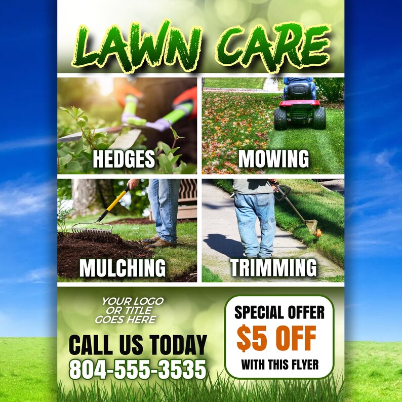 Op de afbeelding: Een flyer die reclame maakt voor gazononderhoud. De flyer toont afbeeldingen van een persoon die hagen snoeit, een gazon maait, mulch gebruikt en trimmen met een bosmaaier. De flyer bevat ook de tekst "LAWN CARE", "CALL US TODAY", "804-555-3535", "SPECIAL OFFER", "&euro;5 KORTING", en "WITH THIS FLYER".