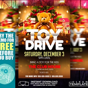 May include: A flyer for a toy drive at The Club House on Saturday, December 3rd from 9pm until closing. The flyer features a teddy bear, a Christmas tree, and a toy house. The text on the flyer reads "Toy Drive" and "Bring a toy for the kids".