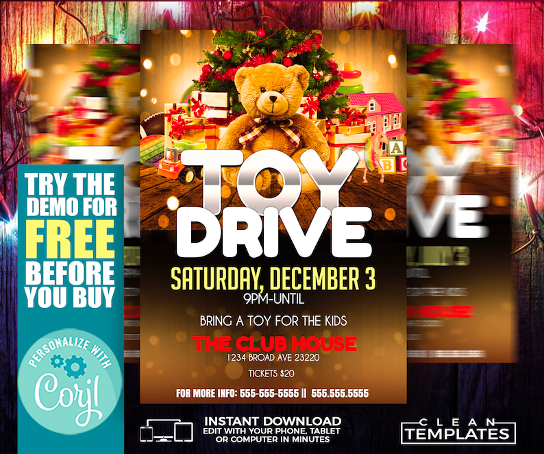 May include: A flyer for a toy drive at The Club House on Saturday, December 3rd from 9pm until closing. The flyer features a teddy bear, a Christmas tree, and a toy house. The text on the flyer reads "Toy Drive" and "Bring a toy for the kids".
