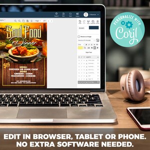 K&ouml;nnte beinhalten: Ein Laptop mit einer ge&ouml;ffneten Designvorlage auf dem Bildschirm. Die Vorlage ist f&uuml;r ein Soul-Food-Dinner-Men&uuml;. Das Men&uuml; beinhaltet H&uuml;hnchen oder Schweinefleisch, Gem&uuml;se, Mais, Makkaroni und K&auml;se. Der Text "15 &euro;" ist in der oberen linken Ecke des Men&uuml;s sichtbar. Der Text "PERSONALISIEREN MIT Corjl" ist in der oberen rechten Ecke des Bildes sichtbar.