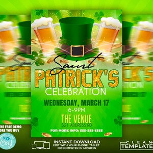 May include: A green and gold St. Patrick's Day party invitation with a leprechaun hat, shamrocks, and beer mugs. The text reads "Saint Patrick's Celebration" and "Wednesday, March 17, 6-9PM".