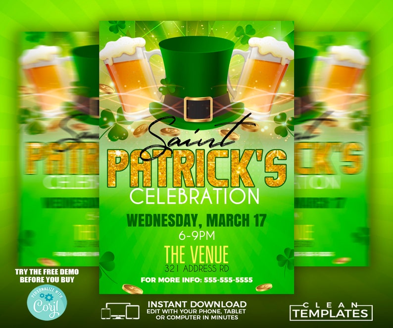 May include: A green and gold St. Patrick's Day party invitation with a leprechaun hat, shamrocks, and beer mugs. The text reads "Saint Patrick's Celebration" and "Wednesday, March 17, 6-9PM".