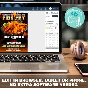 May include: A digital flyer for a fish fry event at John Marshall High School on Friday, September 16th from 3-6pm. The flyer includes a picture of fried fish, the event details, and the school's address and contact information.