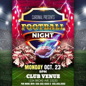 Op de afbeelding: Een rood, wit en blauwe voetbalposter met de tekst "CARDINAL PRESENTS FOOTBALL NIGHT" in gouden letters. De poster bevat ook de tekst "MONDAY OCT. 23 9PM CLUB VENUE 1234 BROAD AVE 23220 FOR MORE INFO: 555-555-5555 || 555.555.5555".