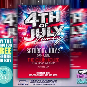 May include: A red, white, and blue 4th of July party flyer with fireworks in the background. The flyer advertises a party on Saturday, July 3rd at 9pm until late at The Club House, located at 1234 Broad Ave 23220. Tickets are $20. The flyer also includes contact information and instructions for instant download.