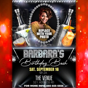 May include: A black and silver birthday party invitation with a diamond-shaped design. The invitation features a photo placeholder, the text "Barbara's Birthday Bash", the date "Sat. September 16", the time "9P-2A", the venue "The Venue", the address "321 Address Rd", and the contact information "For More Info: 555-555-5555".