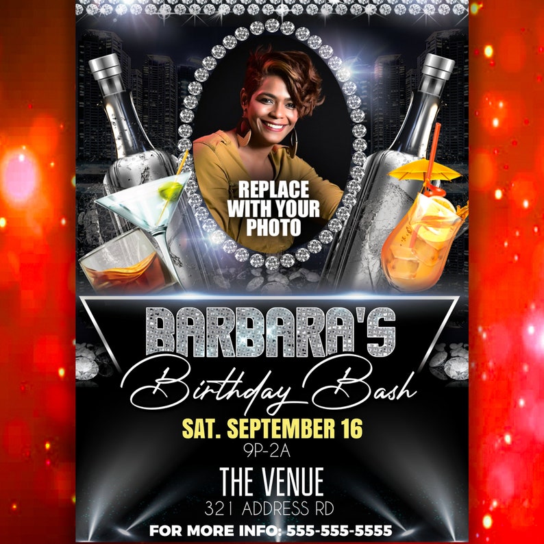 May include: A black and silver birthday party invitation with a diamond-shaped design. The invitation features a photo placeholder, the text "Barbara's Birthday Bash", the date "Sat. September 16", the time "9P-2A", the venue "The Venue", the address "321 Address Rd", and the contact information "For More Info: 555-555-5555".