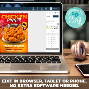 May include: A digital mockup of a flyer advertising a chicken dinner for $10 on Friday, September 16th. The flyer features a photo of fried chicken and lists sides, dessert, and contact information.