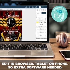 Op de afbeelding: Een rode en gouden verjaardagsuitnodiging met een zwarte cirkel met het nummer 40. De tekst luidt "Almetia's Fabulous 40th Birthday Party, Sat. September 16, 2020, The Venue, 321 Address Rd, For More Info 555-555-5555".