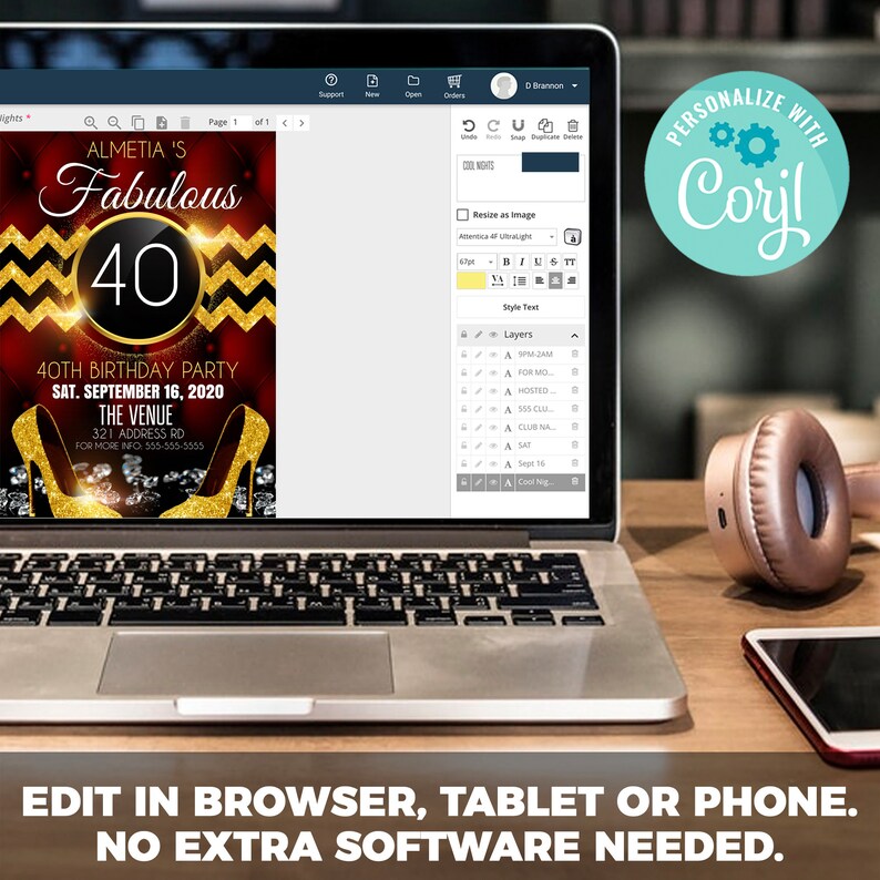 Op de afbeelding: Een rode en gouden verjaardagsuitnodiging met een zwarte cirkel met het nummer 40. De tekst luidt "Almetia's Fabulous 40th Birthday Party, Sat. September 16, 2020, The Venue, 321 Address Rd, For More Info 555-555-5555".