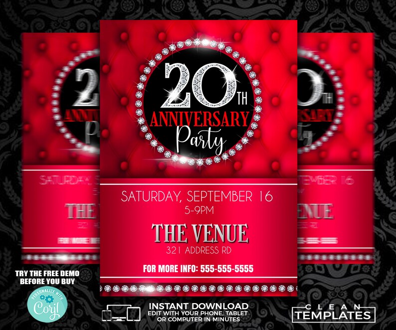 May include: A red and black invitation with a diamond-encrusted circle around the number 20. The text reads "20th Anniversary Party". The invitation is for a party on Saturday, September 16th from 5-9pm at The Venue, 321 Address Rd. The phone number for more information is 555-555-5555.
