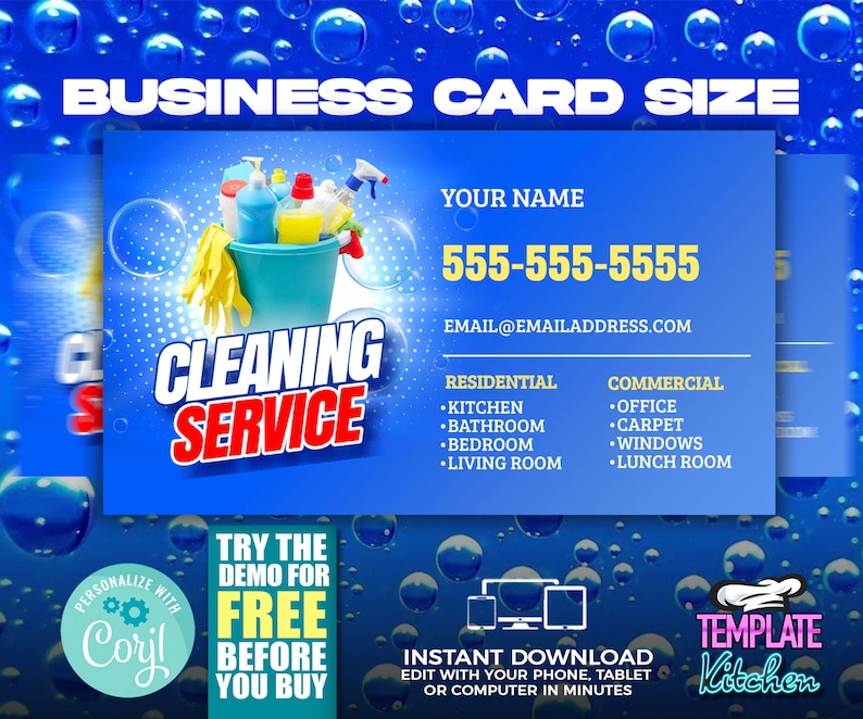 May include: Blue business card template for a cleaning service. The card features a bucket of cleaning supplies, the words "CLEANING SERVICE" in red, and contact information. Includes the text "BUSINESS CARD SIZE".
