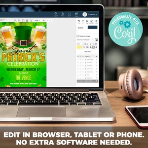 May include: A digital invitation for a Saint Patrick's Day celebration. The invitation features a green leprechaun hat, a glass of beer, and gold glitter text. The text reads "Saint Patrick's Celebration", "Wednesday, March 17", "6-9PM", "The Venue", "321 Address Rd", and "For More Info: 555-555-5555".