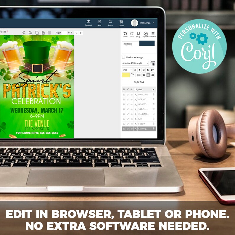 May include: A digital invitation for a Saint Patrick's Day celebration. The invitation features a green leprechaun hat, a glass of beer, and gold glitter text. The text reads "Saint Patrick's Celebration", "Wednesday, March 17", "6-9PM", "The Venue", "321 Address Rd", and "For More Info: 555-555-5555".