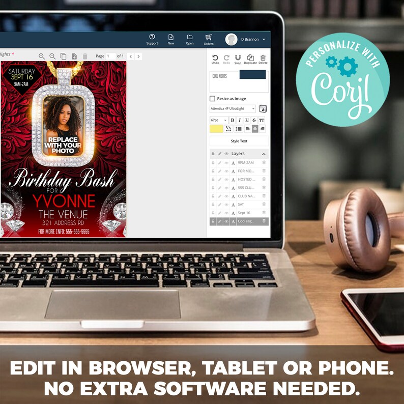 May include: A digital birthday invitation template with a red and gold background. The template features a photo frame with a diamond border and the text "Birthday Bash for Yvonne" in a gold font. The invitation also includes the text "The Venue 321 Address Rd" and "For More Info: 555-555-5555".