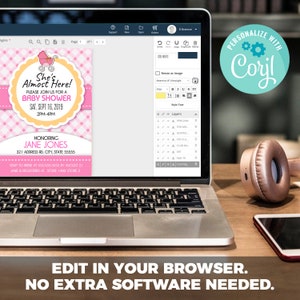 May include: A pink and white baby shower invitation with a yellow circle and the text "She's Almost Here!"  Please join us for a baby shower. Sat. Sept 16, 2019. 2pm-4pm. Honoring Jane Jones. 321 Address Rd. City, State 55555. RSVP to Irene at 555.555.5555 by August 21. Jane is registered at Store Land Store 2.