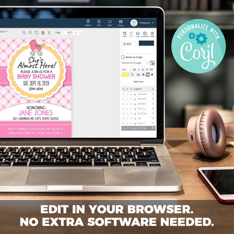 May include: A pink and white baby shower invitation with a yellow circle and the text "She's Almost Here!"  Please join us for a baby shower. Sat. Sept 16, 2019. 2pm-4pm. Honoring Jane Jones. 321 Address Rd. City, State 55555. RSVP to Irene at 555.555.5555 by August 21. Jane is registered at Store Land Store 2.