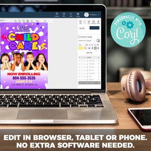 May include: A colorful flyer for a childcare center with the words "Child Care" in large, bold letters. The flyer features a photo of four children smiling and looking at the camera. The text on the flyer includes the phone number 804-555-3535, the ages served (0-12), and the address 123 Main St. Atlanta GA. The flyer also includes the words "Now Enrolling".