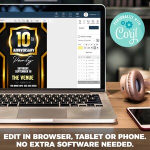May include: A computer screen displaying a 10th anniversary party invitation with gold accents. The invitation includes the date, location, and contact information. The text "PERSONALIZE WITH CORYL" is displayed in a blue circle with a gear icon. The text "EDIT IN BROWSER, TABLET OR PHONE. NO EXTRA SOFTWARE NEEDED." is displayed below the computer screen.