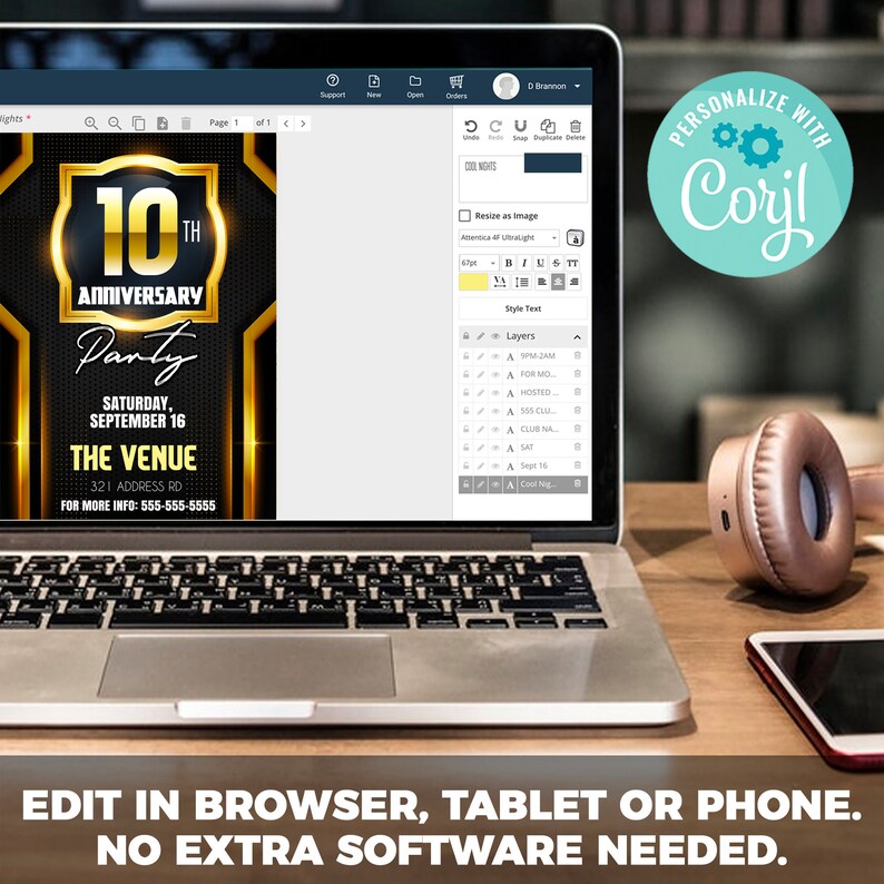 May include: A computer screen displaying a 10th anniversary party invitation with gold accents. The invitation includes the date, location, and contact information. The text "PERSONALIZE WITH CORYL" is displayed in a blue circle with a gear icon. The text "EDIT IN BROWSER, TABLET OR PHONE. NO EXTRA SOFTWARE NEEDED." is displayed below the computer screen.