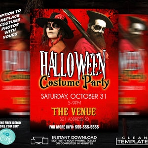 May include: A red and black Halloween party invitation with a skull and crossbones design. The text reads "Halloween Costume Party" with the date and time of the event. The venue is listed as "The Venue" with an address. The invitation also includes a phone number for more information.