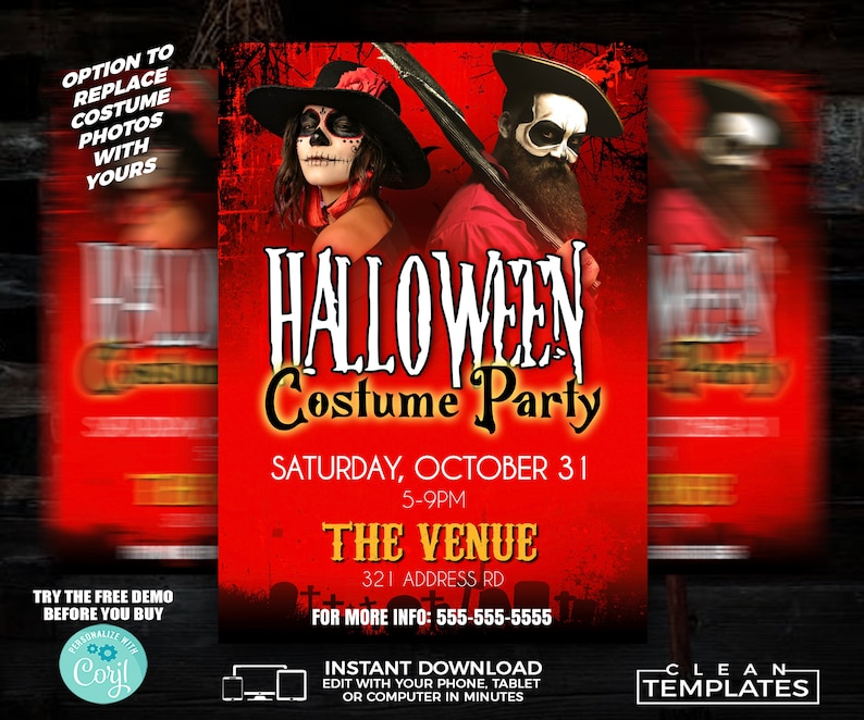 K&ouml;nnte beinhalten: Eine rote und schwarze Halloween-Partyeinladung mit einem Totenkopf- und Knochenkreuz-Design. Der Text lautet "Halloween Costume Party" mit Datum und Uhrzeit der Veranstaltung. Der Veranstaltungsort ist als "The Venue" mit einer Adresse angegeben. Die Einladung enth&auml;lt auch eine Telefonnummer f&uuml;r weitere Informationen.