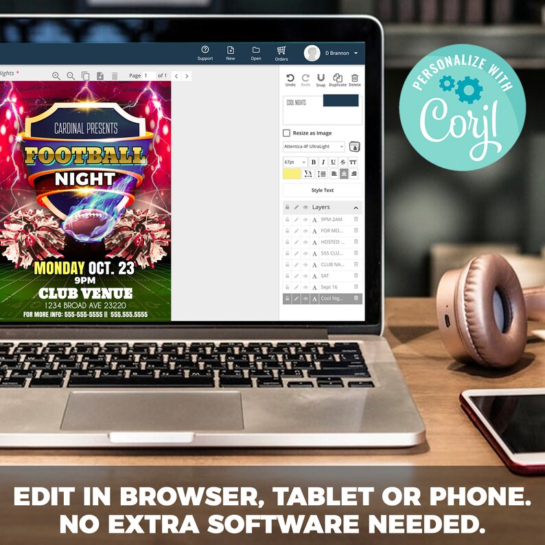 Op de afbeelding: Een laptopcomputer die een flyer toont voor een voetbalavond in Club Venue op maandag 23 oktober om 21:00 uur. De flyer is ontworpen met een rood, wit en blauw kleurenschema en bevat een voetbal, cheerleaders en bliksemschichten. De tekst op de flyer luidt "Cardinal Presents Football Night" en "Maandag 23 oktober 21:00 uur Club Venue 1234 Broad Ave 23220 Voor meer informatie: 555-555-5555 || 555.555.5555". De laptop staat op een houten tafel naast een koptelefoon en een smartphone.