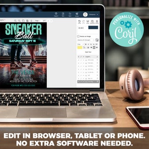 Puede incluir: Un ordenador port&aacute;til con la pantalla mostrando un folleto para un evento llamado "Sneaker Ball". El folleto presenta un dise&ntilde;o de texto verde ne&oacute;n y azul con las palabras "Sneaker Ball" y "Saturday Sept 16 9PM-2AM". El folleto tambi&eacute;n incluye un gr&aacute;fico de una pareja bailando. El texto "The Venue" est&aacute; en la parte inferior del folleto, junto con la direcci&oacute;n, la m&uacute;sica de DJ Flows, la presentaci&oacute;n de MC Top Notch y la informaci&oacute;n de contacto. El port&aacute;til est&aacute; sobre una mesa de madera con unos auriculares y un tel&eacute;fono inteligente.