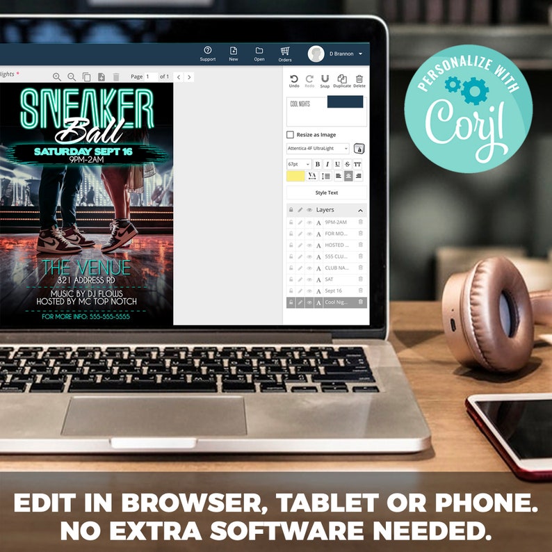 Puede incluir: Un ordenador port&aacute;til con la pantalla mostrando un folleto para un evento llamado "Sneaker Ball". El folleto presenta un dise&ntilde;o de texto verde ne&oacute;n y azul con las palabras "Sneaker Ball" y "Saturday Sept 16 9PM-2AM". El folleto tambi&eacute;n incluye un gr&aacute;fico de una pareja bailando. El texto "The Venue" est&aacute; en la parte inferior del folleto, junto con la direcci&oacute;n, la m&uacute;sica de DJ Flows, la presentaci&oacute;n de MC Top Notch y la informaci&oacute;n de contacto. El port&aacute;til est&aacute; sobre una mesa de madera con unos auriculares y un tel&eacute;fono inteligente.