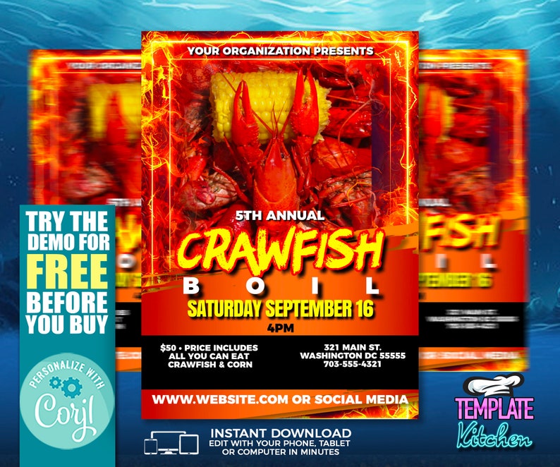 Colorful digital flyer template for a crawfish boil event, featuring images of steaming crawfish, corn, and potatoes, with bold text overlays for event details.