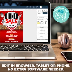 Puede incluir: La pantalla de un ordenador port&aacute;til muestra un gr&aacute;fico rojo y blanco para una venta de cena el 16 de septiembre. El gr&aacute;fico incluye el texto "Dinner Sale" y enumera los precios de las cenas de pescado y pollo. El texto "Personalizar con Corjl" se muestra en un c&iacute;rculo azul con un icono de engranaje.