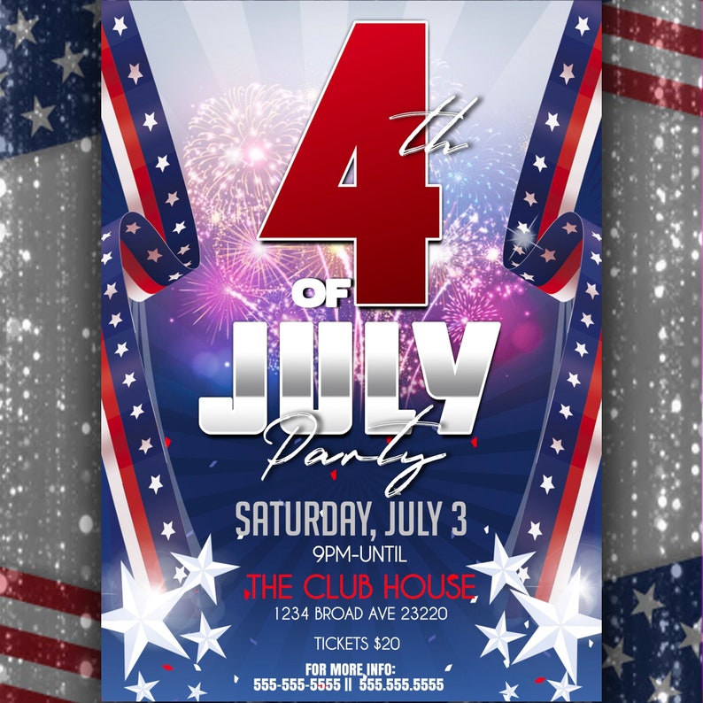 May include: A patriotic 4th of July party flyer with a blue background, fireworks, and red, white, and blue accents. The text reads "4th of July Party" with event details including the date, time, and location: The Club House.