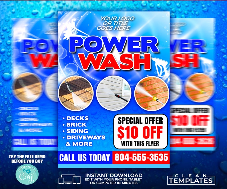 May include: A blue and white flyer promoting power washing services. The headline "POWER WASH" is in large, bold letters. The flyer highlights services for decks, brick, siding, and driveways. Includes a special offer of $10 off.