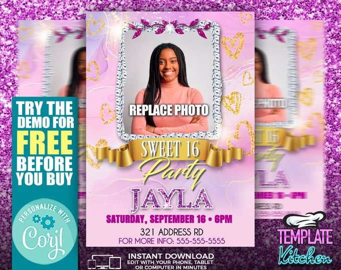 Sweet 16 or Any Birthday Party | Edit Online | 5X7 Digital & Printable | Do It Yourself | Corjl Template