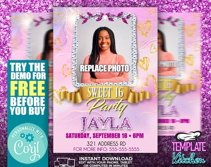 Sweet 16 or Any Birthday Party | Edit Online | 5X7 Digital & Printable | Do It Yourself | Corjl Template