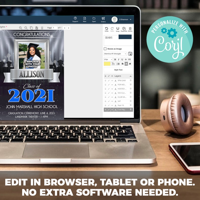 May include: A laptop computer screen displaying a graduation announcement template with a photo placeholder. The template is black and silver with the text "Congratulations Allison Class of 2021 John Marshall High School Graduation Ceremony June 4, 2021 Landmark Theater 1-4PM". The text "Personalize with Coril" is displayed in a blue circle with a gear icon.