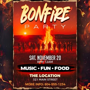 K&ouml;nnte beinhalten: Ein Poster im Vintage-Stil, das eine Lagerfeuerparty ank&uuml;ndigt. Der Text "BONFIRE PARTY" ist in gro&szlig;en, stilisierten Buchstaben gehalten. Das Poster enth&auml;lt Datum, Uhrzeit und Ort sowie die Worte "MUSIC &bull; FUN &bull; FOOD". Ein Lagerfeuer und Silhouetten sind im Hintergrund.
