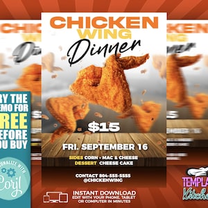 May include: A flyer advertising a chicken wing dinner for $15 on Friday, September 16th. The flyer features a photo of a fried chicken wing and the text "Chicken Wing Dinner".