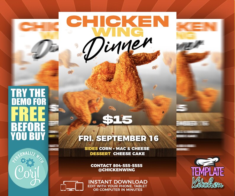 May include: A flyer advertising a chicken wing dinner for $15 on Friday, September 16th. The flyer features a photo of a fried chicken wing and the text "Chicken Wing Dinner".
