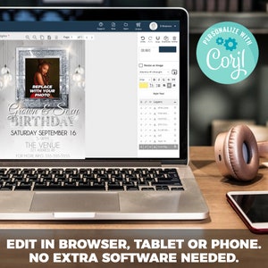 May include: A laptop computer displaying a digital invitation for a birthday party. The invitation is designed with a silver and white background and features a photo placeholder, the text "Grown & Sexy Birthday", and the date "Saturday September 16". The invitation is being edited using a web-based design tool.