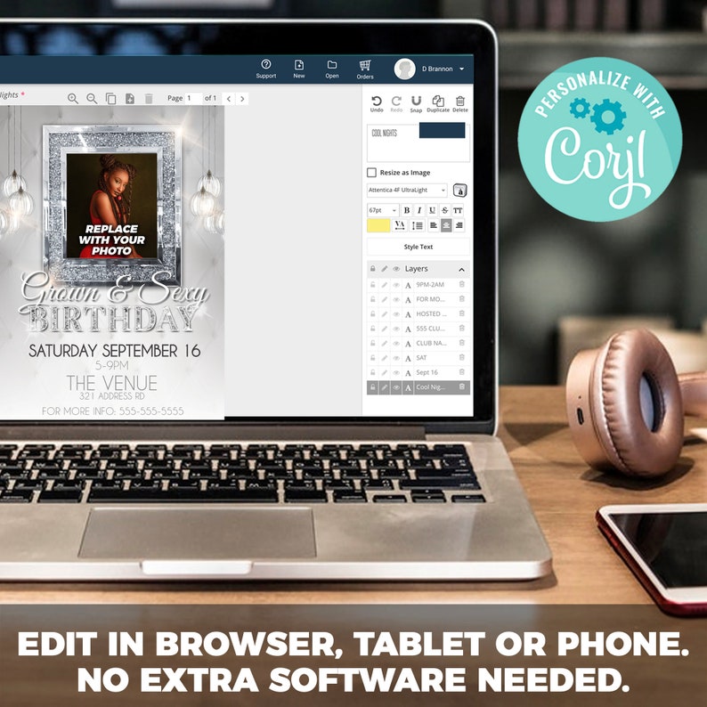 May include: A laptop computer displaying a digital invitation for a birthday party. The invitation is designed with a silver and white background and features a photo placeholder, the text "Grown & Sexy Birthday", and the date "Saturday September 16". The invitation is being edited using a web-based design tool.