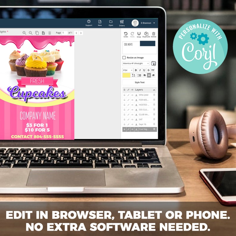 Puede incluir: Un cartel rosa y amarillo con el texto "FRESH Cupcakes" y el nombre de la empresa, la informaci&oacute;n de precios y el n&uacute;mero de contacto. El cartel est&aacute; decorado con cupcakes coloridos.