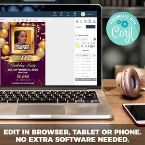 May include: A laptop screen shows a party invitation template with a gold frame, gold balloons, and the text "SHARMAINE'S Birthday Party." The design is set against a dark purple background. The text at the bottom reads "EDIT IN BROWSER, TABLET OR PHONE. NO EXTRA SOFTWARE NEEDED."
