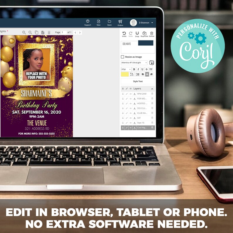 May include: A laptop screen shows a party invitation template with a gold frame, gold balloons, and the text "SHARMAINE'S Birthday Party." The design is set against a dark purple background. The text at the bottom reads "EDIT IN BROWSER, TABLET OR PHONE. NO EXTRA SOFTWARE NEEDED."