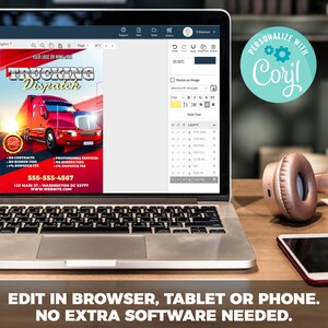 Op de afbeelding: Een laptopscherm dat een website weergeeft met een rode vrachtwagenafbeelding en de tekst "Trucking Dispatch". De website is voor een vrachtwagenverzendingsdienst en bevat een telefoonnummer en een websiteadres. De tekst "Personaliseer met Corjl" wordt weergegeven in een blauwe cirkel met een tandwielpictogram. De tekst "Bewerk in browser, tablet of telefoon. Geen extra software nodig." wordt onder de laptop weergegeven.
