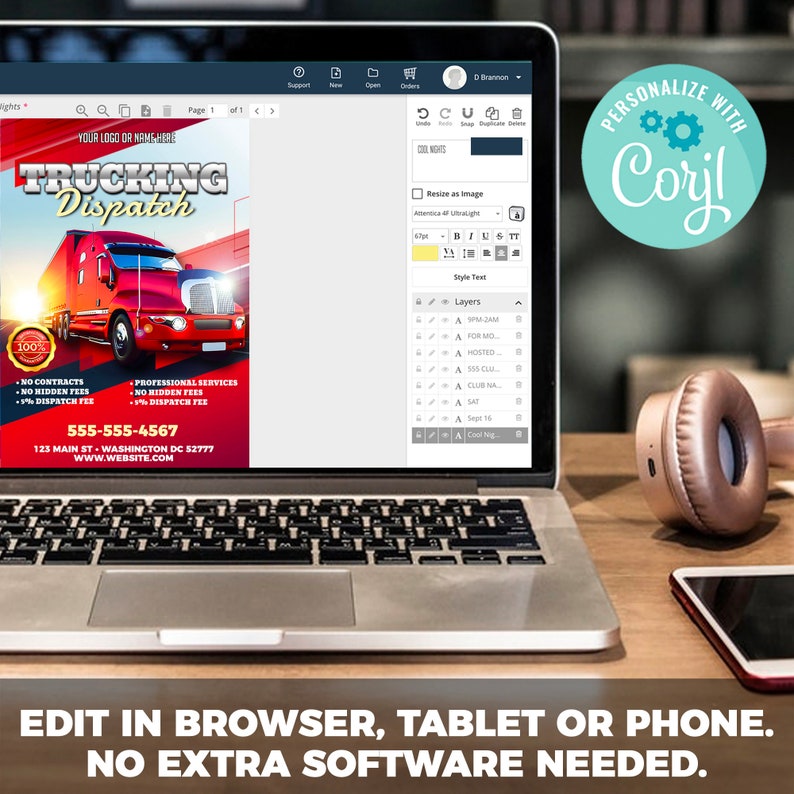 Op de afbeelding: Een laptopscherm dat een website weergeeft met een rode vrachtwagenafbeelding en de tekst "Trucking Dispatch". De website is voor een vrachtwagenverzendingsdienst en bevat een telefoonnummer en een websiteadres. De tekst "Personaliseer met Corjl" wordt weergegeven in een blauwe cirkel met een tandwielpictogram. De tekst "Bewerk in browser, tablet of telefoon. Geen extra software nodig." wordt onder de laptop weergegeven.