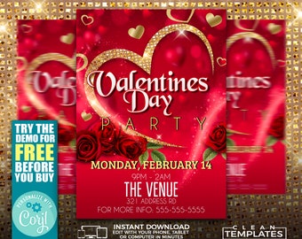 May include: A red and gold Valentine's Day party invitation with a heart shape design. The text reads "Valentine's Day Party" with the date "Monday, February 14" and the time "9PM-2AM". The venue is listed as "The Venue" with an address and phone number. The invitation also includes the text "Try the demo for free before you buy" and "Personalize with Corjl".