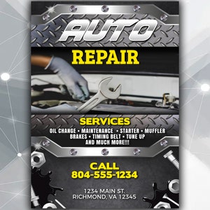 Pode incluir: Um an&uacute;ncio de oficina de repara&ccedil;&atilde;o de autom&oacute;veis em preto e prata com uma chave e uma m&atilde;o enluvada. O texto diz "AUTO REPAIR", "SERVICES", "OIL CHANGE MAINTENANCE STARTER MUFFLER BRAKES TIMING BELT TUNE UP AND MUCH MORE!!!", "CALL 804-555-1234", "1234 MAIN ST. RICHMOND, VA 12345".
