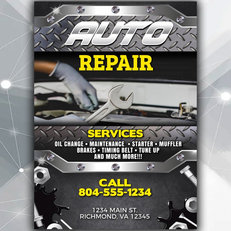 Pode incluir: Um an&uacute;ncio de oficina de repara&ccedil;&atilde;o de autom&oacute;veis em preto e prata com uma chave e uma m&atilde;o enluvada. O texto diz "AUTO REPAIR", "SERVICES", "OIL CHANGE MAINTENANCE STARTER MUFFLER BRAKES TIMING BELT TUNE UP AND MUCH MORE!!!", "CALL 804-555-1234", "1234 MAIN ST. RICHMOND, VA 12345".